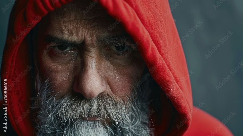 Poster close-up of a person wearing a red hoodie, suitable for various projects