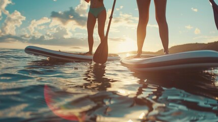 Two individuals balancing on paddle boards in the water. Suitable for outdoor activities promotion - obrazy, fototapety, plakaty
