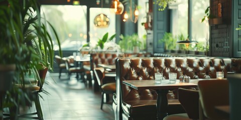 Interior of a restaurant with many tables and chairs, suitable for various commercial uses - obrazy, fototapety, plakaty