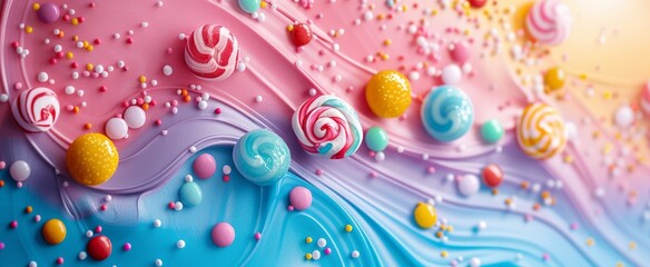 Whimsical candy swirls with sprinkles on a pastel background.