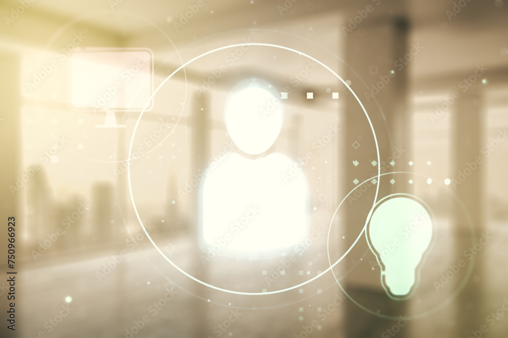 Poster double exposure of social network icons hologram on empty room interior background. networking conce