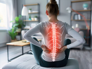 Woman with glowing spine graphic, highlighting lumbar region discomfort in a domestic setting.