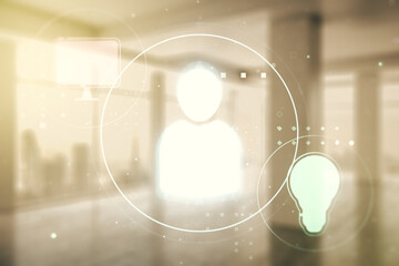 Double exposure of social network icons hologram on empty room interior background. Networking...