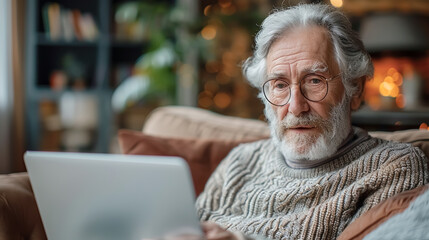 Elderly people using laptop sitting on sofa. relax on home, surfing internet