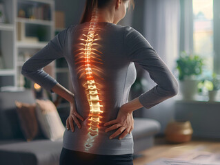 Female at home with a luminescent spine, symbolizing back pain and the need for spinal health care. - obrazy, fototapety, plakaty