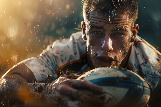 A rugby player laying on the ground holding a ball. Suitable for sports injury concept