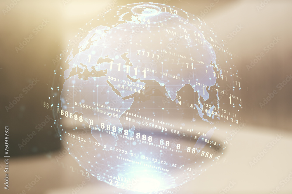 Aufkleber double exposure of abstract programming language hologram and world map on empty modern office backg