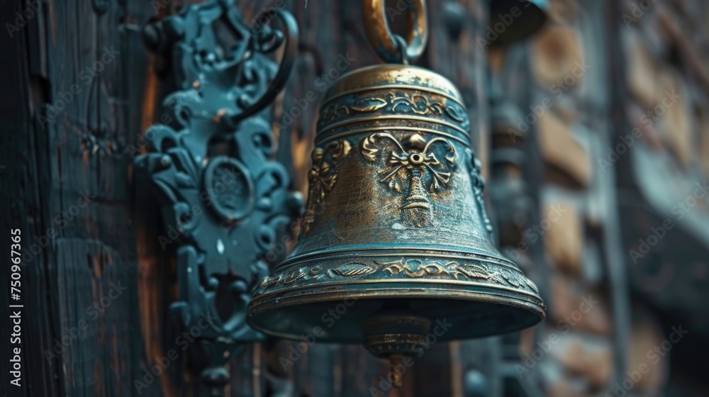 Poster a bell hanging from the side of a building. suitable for architectural concepts