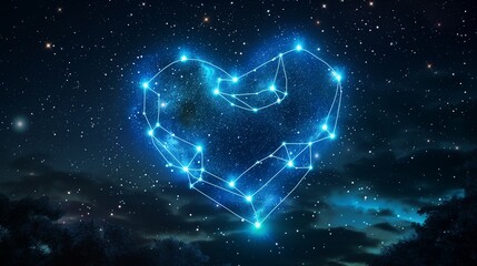 A magical image of a glowing, blue heart-shaped constellation in the night sky, with stars connecting to outline the heart.