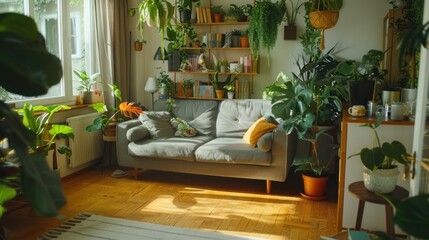 Fototapeta na wymiar A cozy living room filled with various green plants. Ideal for interior design concepts