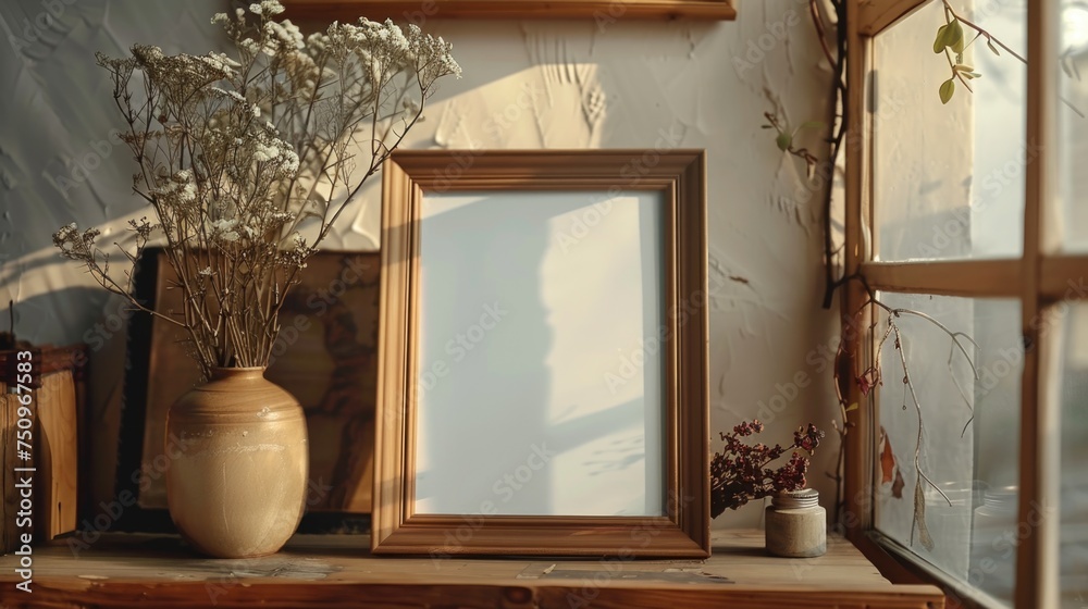 Poster a picture frame placed on a rustic wooden table. ideal for home decor or interior design concepts