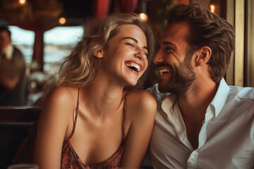 Young attractive adult copy enjoy dinner in romantic restaurant laughing and having fun together. Concept of people man and woman dating and eat lunch. Romance leisure activity - obrazy, fototapety, plakaty