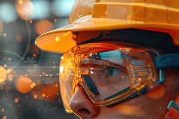Close up of a person wearing safety gear, suitable for construction or industrial themes