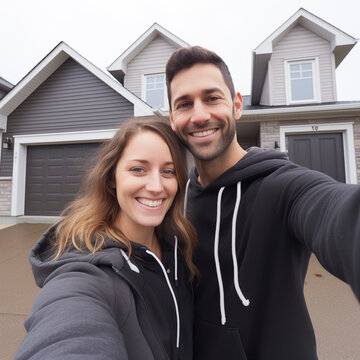 Portrait of a happy 30 year old renting couple showing house keys purchasing their first shared home together. Smiling tenants, men and women, move into their new home. Concept of reality, rent