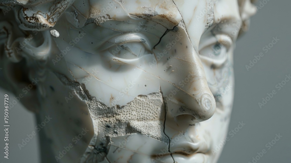 Poster detailed close-up of a statue depicting a woman's face. suitable for various artistic projects
