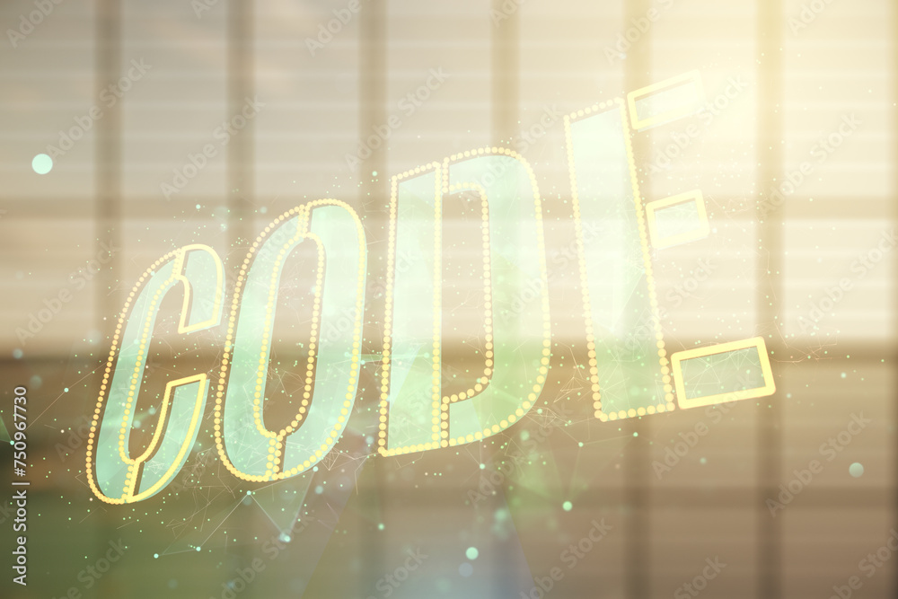 Aufkleber Code word hologram on empty corporate office background, artificial intelligence and neural networks concept. Multiexposure