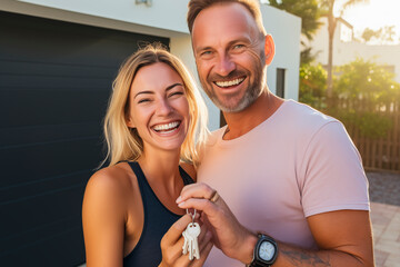 Portrait of a happy 45 year old couple renters showing house keys buy their first shared home together. Smiling tenants, men and women, move into their new home. Concept of reality, rent, relocation. - obrazy, fototapety, plakaty