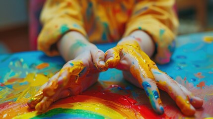 Fototapeta premium Child's hands covered in colorful paint, suitable for educational and artistic concepts