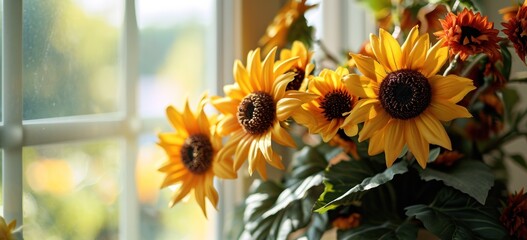 Bright sunflowers on windowsill with natural light. Home decoration and flora.