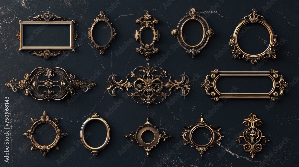 Aufkleber Elegant collection of gold frames on a dark backdrop. Ideal for adding a touch of sophistication to any design project