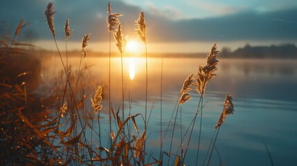 A beautiful sunset scene over a tranquil body of water. Perfect for nature and landscape backgrounds
