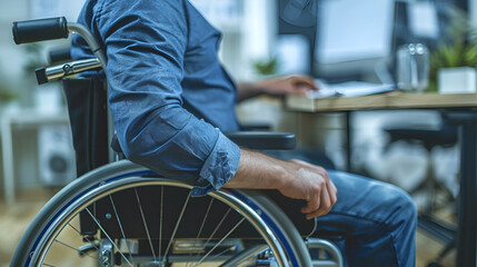 Obraz premium Close-up of a wheelchair user at work, focused on the wheelchair's wheels, depicting workplace accessibility.
