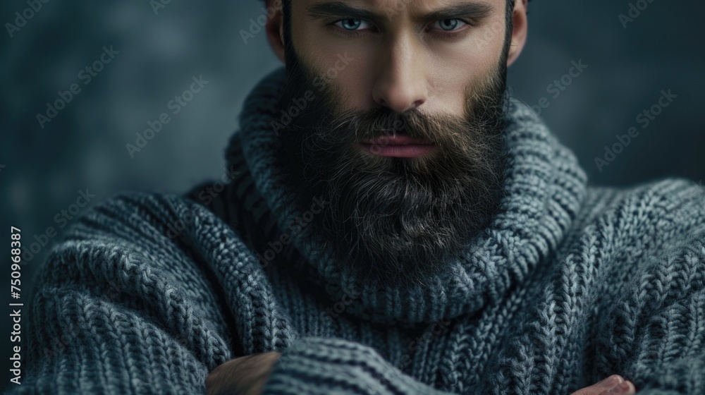 Poster A man with a beard wearing a sweater. Suitable for various concepts