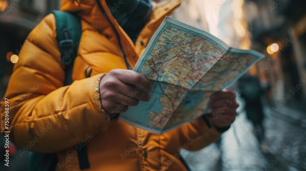 Poster a man in a yellow jacket holding a map. suitable for travel concepts
