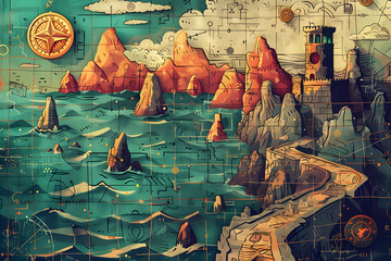 Stylized Nautical Map with Mythical Sea and Landscapes. Illustration