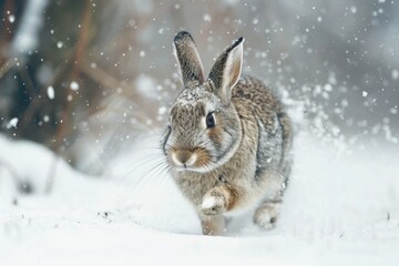 A rabbit running through the snowy forest. Suitable for winter themes