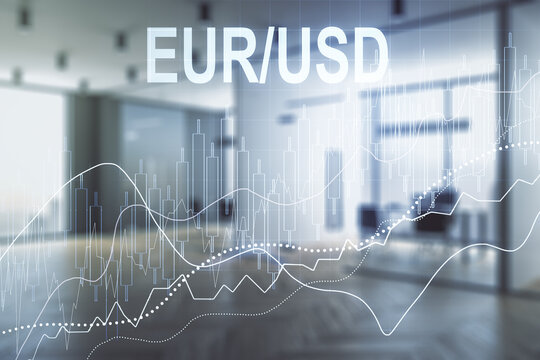 Abstract virtual EURO USD financial chart illustration on a modern furnished office background. Trading and currency concept. Multiexposure
