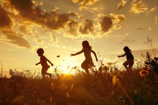 Group of children running through a field at sunset. Suitable for lifestyle and outdoor activities concepts