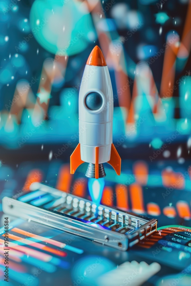 Aufkleber Toy rocket flying over a computer keyboard, suitable for technology concepts