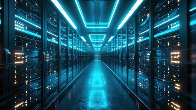 A parallel row of servers, adorned in electric blue, fills a technology-driven data center hallway with a symmetrical display of power and Azure technology. AIG41