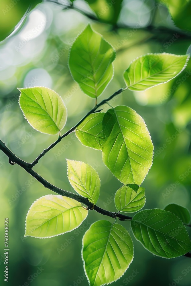 Aufkleber Close up of a tree branch with green leaves. Suitable for nature and environment concepts