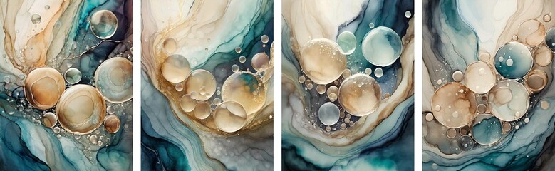 Set of cards with fluid art painting in alcohol ink technique, water bubbles, for backgrounds, posters, flyer.