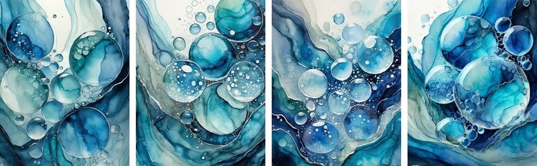 Set of cards with fluid art painting in alcohol ink technique, water bubbles, for backgrounds, posters, flyer.