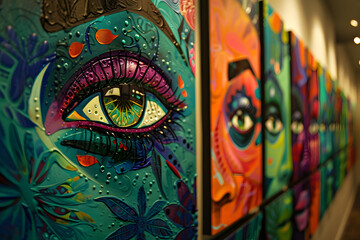 Vivid Graffiti Artwork Series Featuring Stylized Eyes. Illustration
