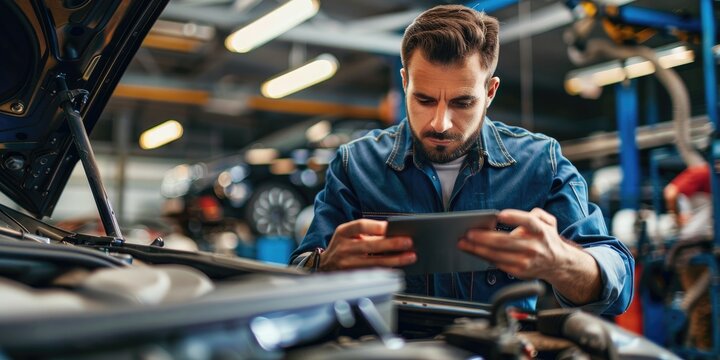 An auto mechanic with a tablet at a repair shop with open hood - Powered by Adobe