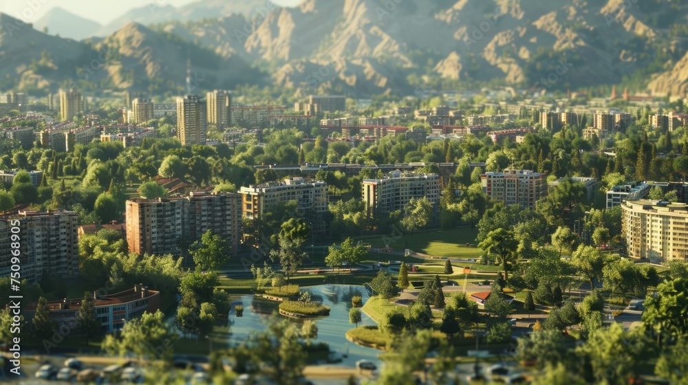 Poster a scenic view of a city with a serene lake and majestic mountains in the background. ideal for trave