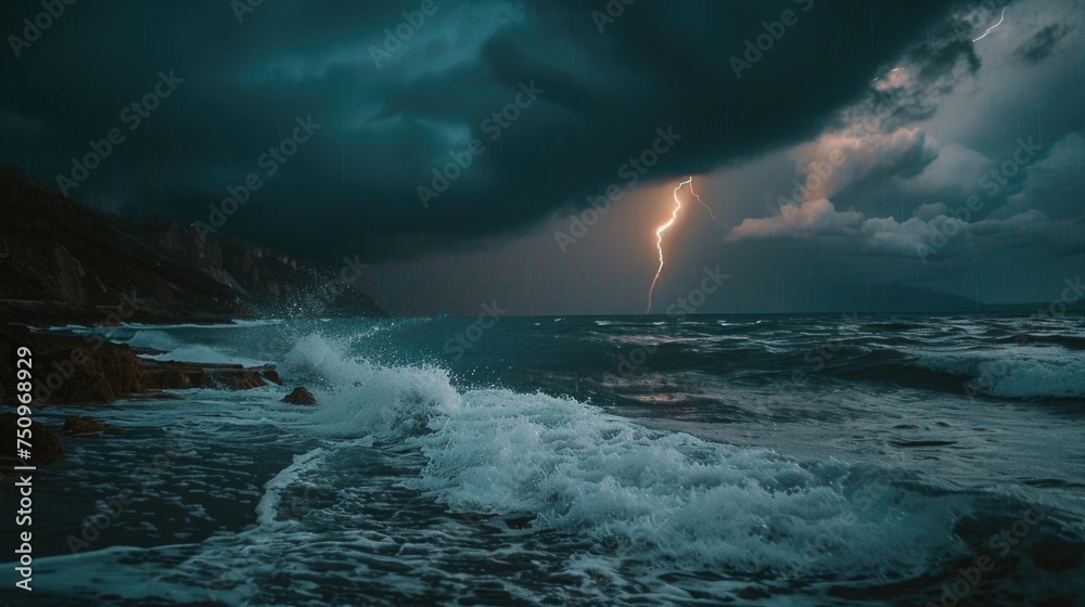 Poster a striking image of a lightning bolt in the sky over a body of water. perfect for illustrating the p