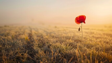 A peaceful, early morning scene of an empty field bathed in soft sunlight, with a single red poppy flower standing tall in the foreground.