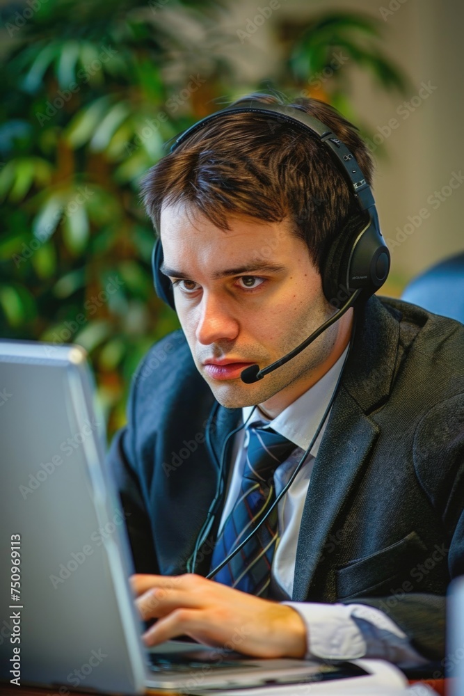 Poster a man in a suit using a laptop with a headset, suitable for business concepts