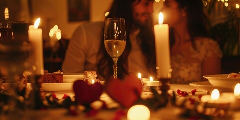 A man and woman sitting together at a table with candles. Suitable for romantic occasions or date night concepts