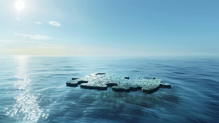 A serene image of a puzzle piece-shaped island floating in a vast, calm ocean under a clear blue sky.