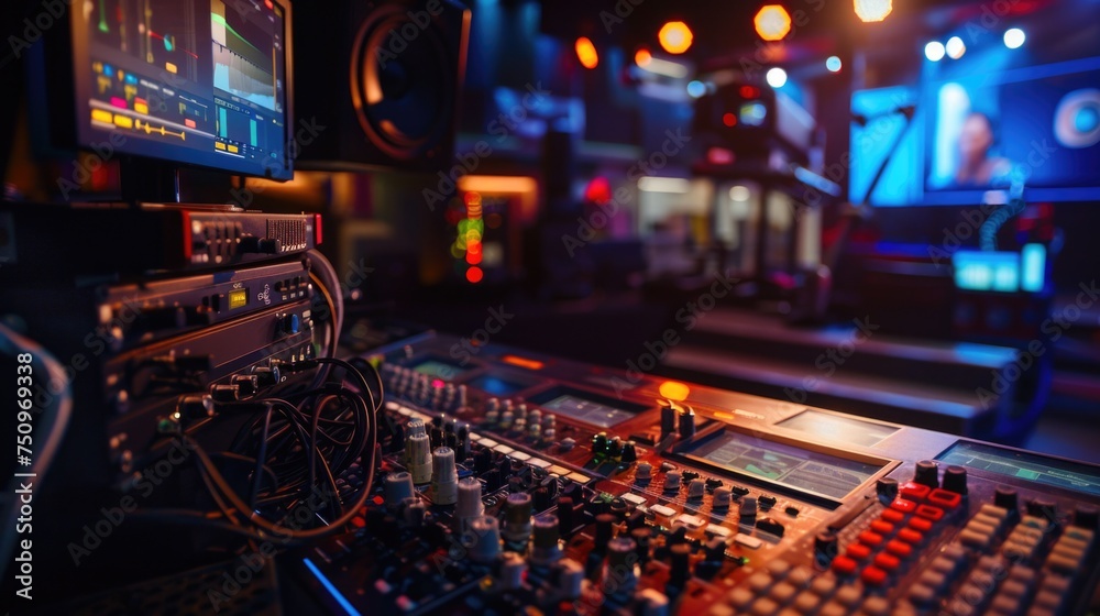 Poster professional mixing desk with monitor and keyboard, suitable for music production