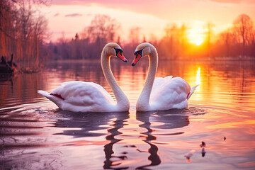 Two Swans Creating Heart Shape in Water