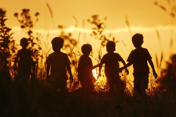 Group of children in a field at sunset. Suitable for various outdoor activities promotions