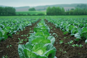 Fototapeta na wymiar Fresh lettuce growing in a sunny field. Suitable for agriculture concepts