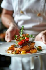 A chef holding a plate of food with a piece of salmon. Perfect for food industry promotions